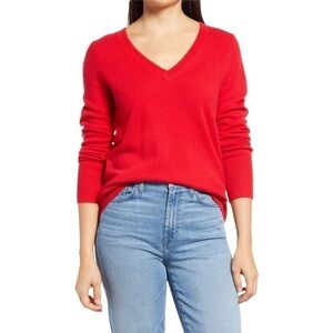 HALOGEN 100% Cashmere Sweater Autumn Red V-Neck‎ Fall Holiday Pullover Size S